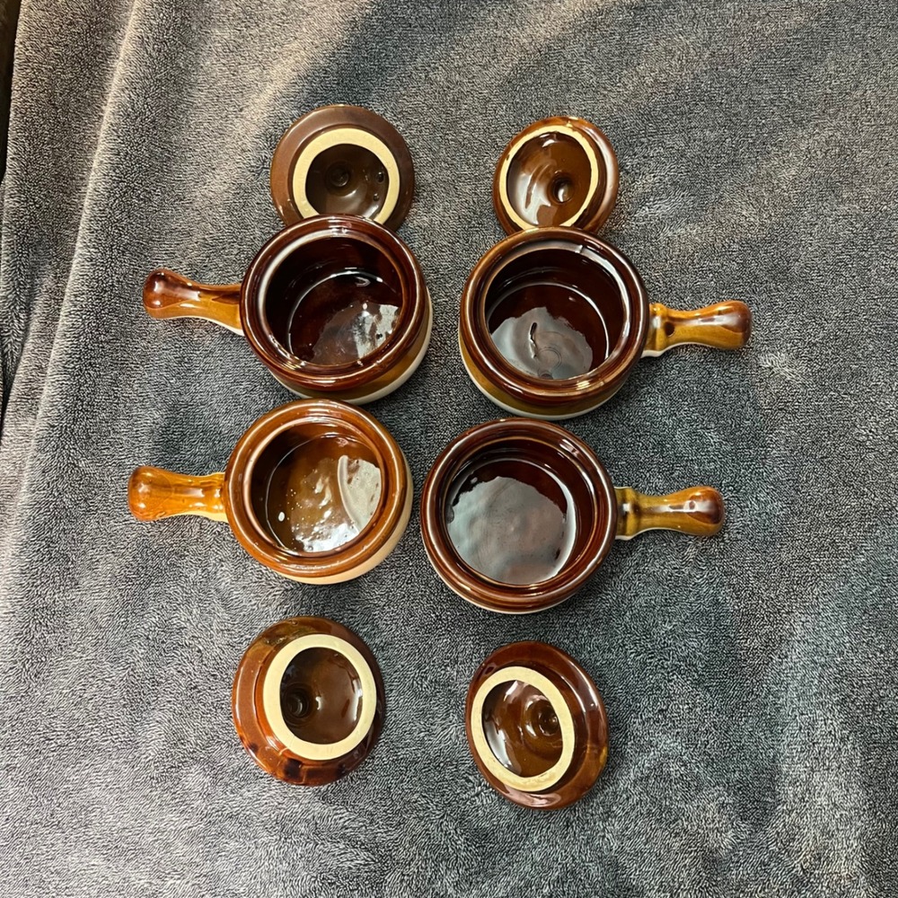 Vintage Set of 4 Brown Glazed Stoneware Soup Crocks with Lids and Handles - Picture 3 of 8
